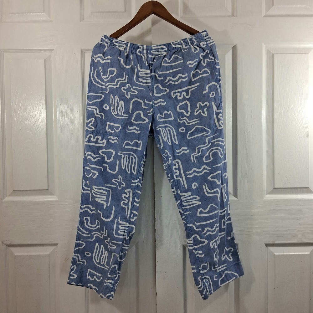 Patagonia Funhoggers Pants Womens L Blue White Thriving Planet Abstract Cotton